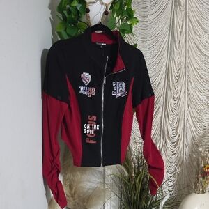 Fashion Nova Black and Burgundy Varsity Jacket